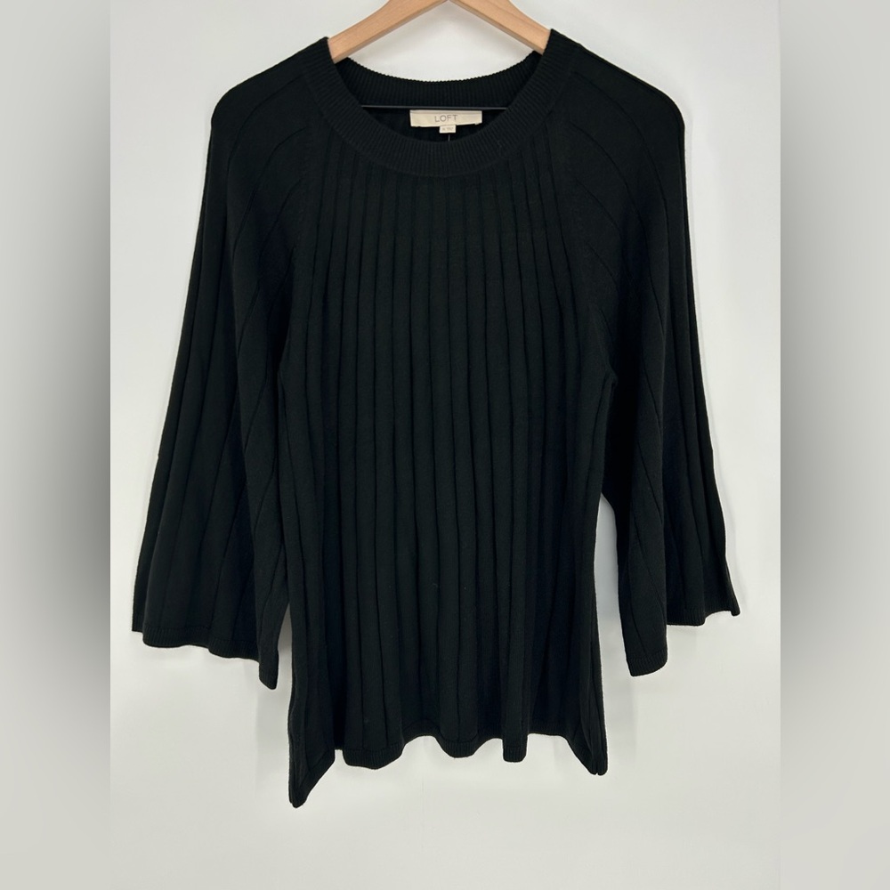 "NWT"‎ LOFT 3/4 Wide Sleeve Ribbed Crew Neck Black Sweater In Women's Size XL